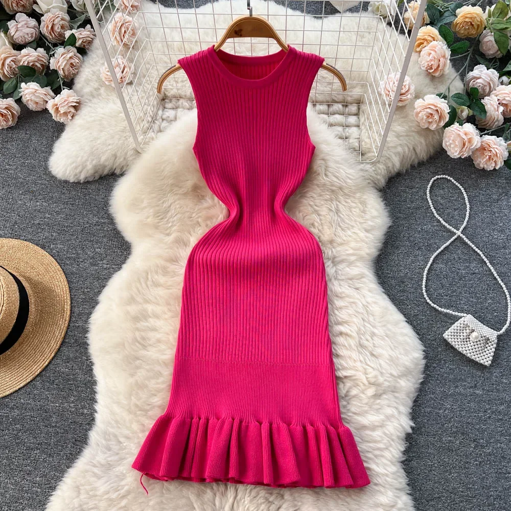 Summer Knitted Bodycon Sexy Dress 2026 O Neck Sleeveless Ruffled Party Sundress High Street Elastic Slim Short Dress - Image 2