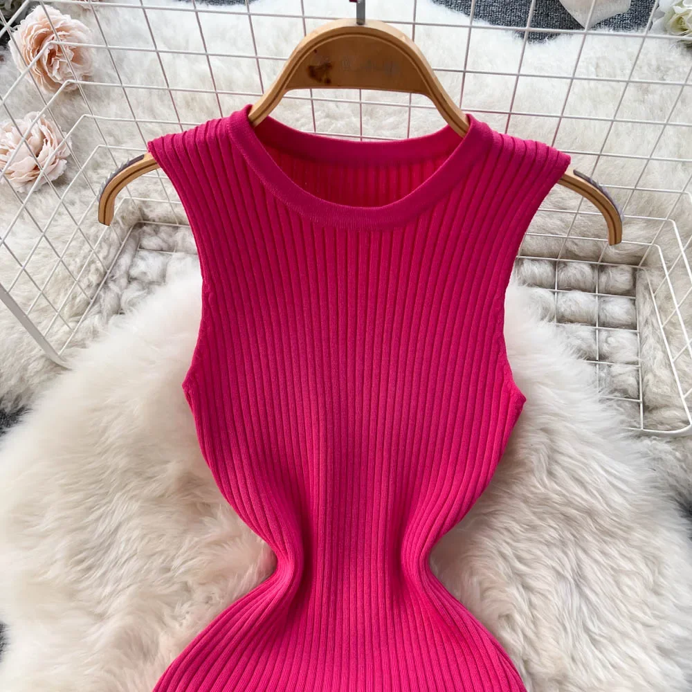 Summer Knitted Bodycon Sexy Dress 2026 O Neck Sleeveless Ruffled Party Sundress High Street Elastic Slim Short Dress - Image 4
