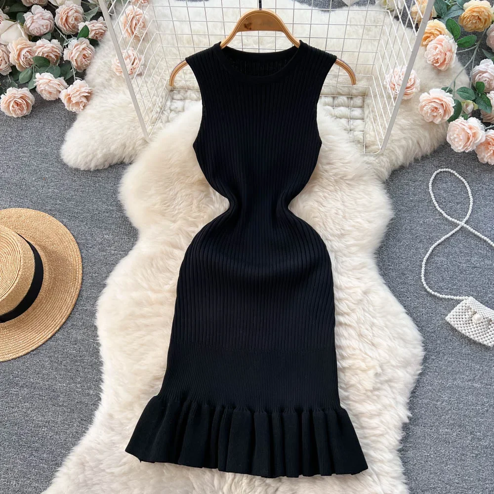 Summer Knitted Bodycon Sexy Dress 2026 O Neck Sleeveless Ruffled Party Sundress High Street Elastic Slim Short Dress - Image 3