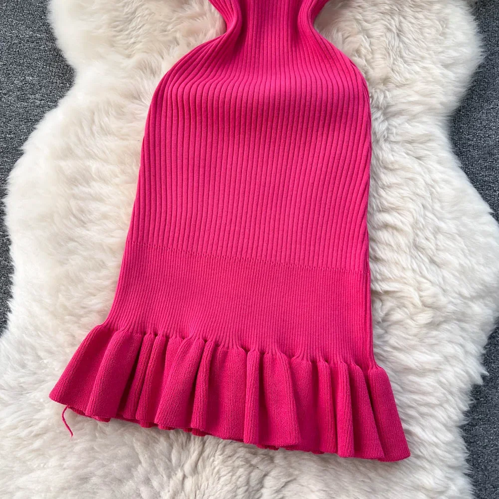 Summer Knitted Bodycon Sexy Dress 2026 O Neck Sleeveless Ruffled Party Sundress High Street Elastic Slim Short Dress - Image 5