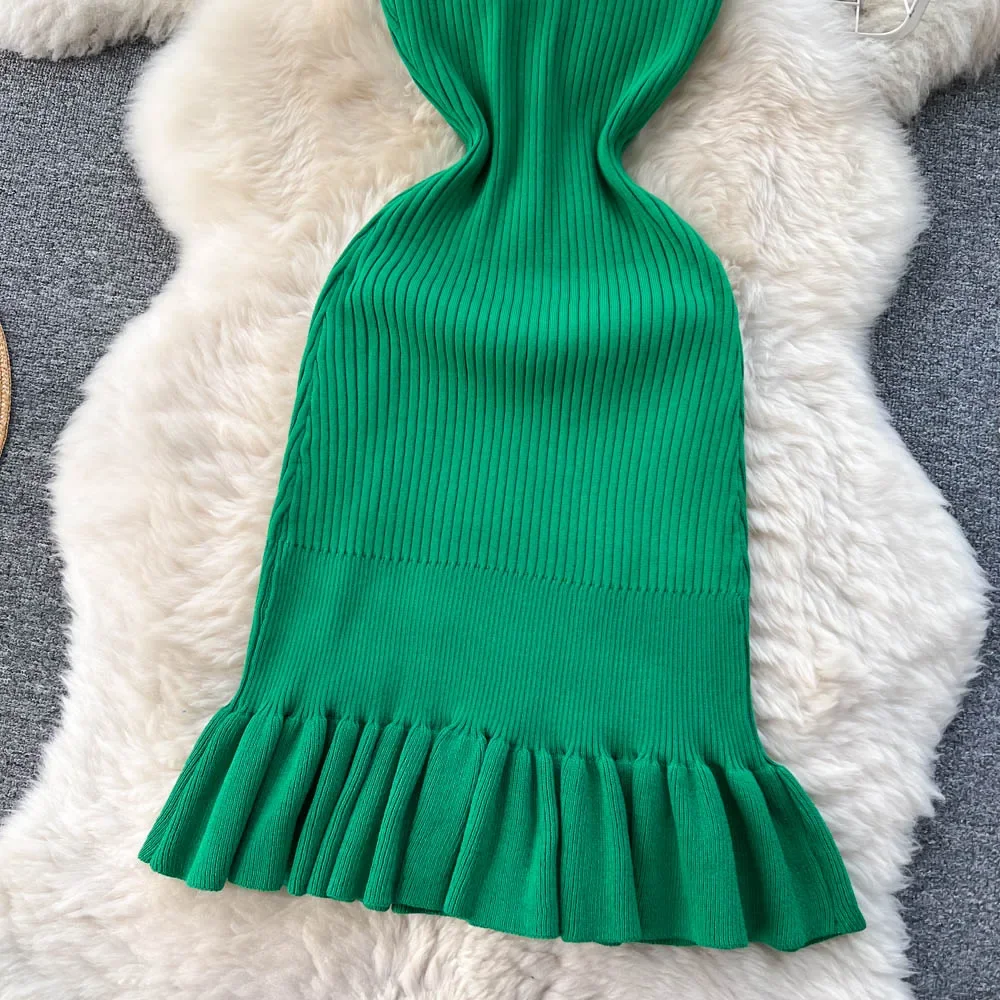 Summer Knitted Bodycon Sexy Dress 2026 O Neck Sleeveless Ruffled Party Sundress High Street Elastic Slim Short Dress - Image 6