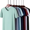 Summer Men's Thin Short Sleeve Ice Silk Without Solid Color T Shirt Trace Slim V-neck Bottoming Seamless Short Sleeve 2024 New
