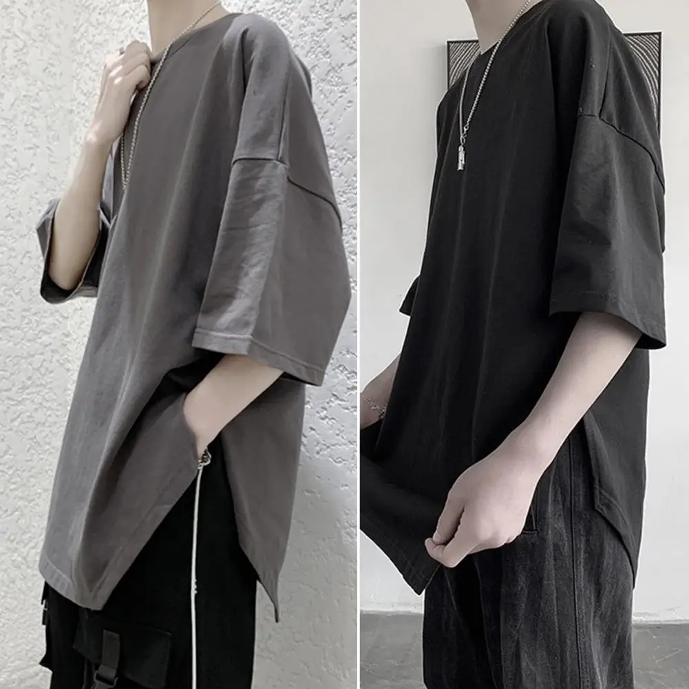 Summer Oversized T-shirt Solid Round Neck Loose Side Split T Shirt for Men Harajuku Half Sleeve Tee Simple Daily Tees - Image 4