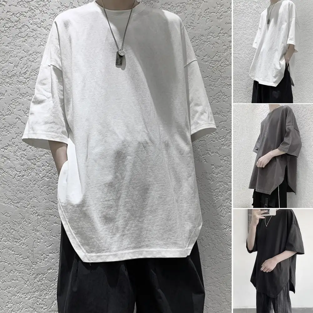 Summer Oversized T-shirt Solid Round Neck Loose Side Split T Shirt for Men Harajuku Half Sleeve Tee Simple Daily Tees - Image 2