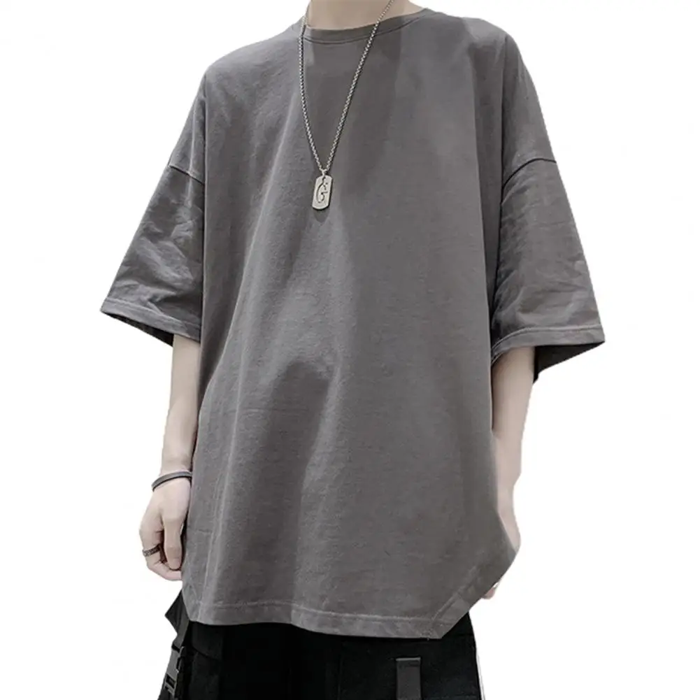 Summer Oversized T-shirt Solid Round Neck Loose Side Split T Shirt for Men Harajuku Half Sleeve Tee Simple Daily Tees - Image 5