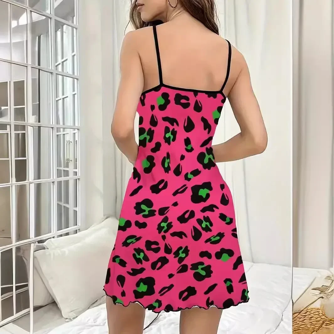 Summer Sexy Pink Leopard Print Nightdress Women Loungewear Nightgown Spaghetti Strap Slip Dress Breathable Comfy Sleepwear - Image 5