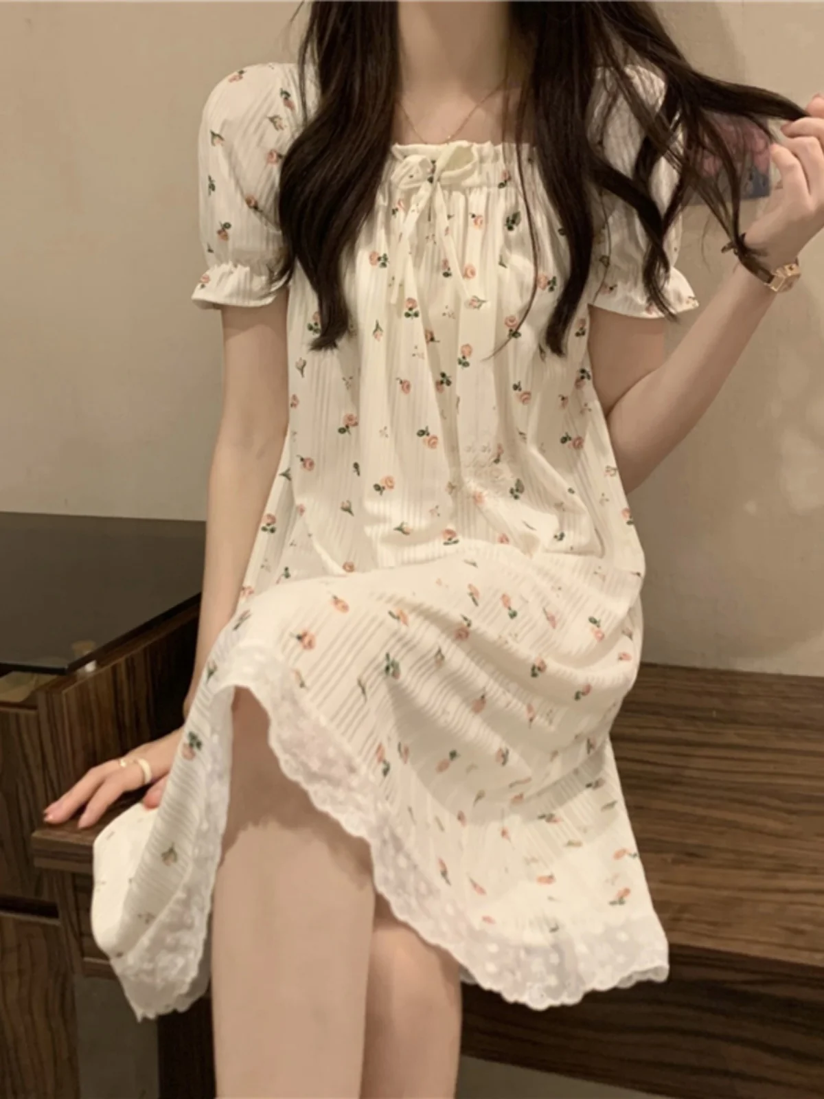 Summer Sleepwear Dress Women's 2025 New Floral Princess Style Short Sleeve High End Feeling Home Clothes Sleep Dress Summer - Image 2