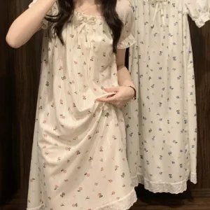 Summer Sleepwear Dress Women's 2025 New Floral Princess Style Short Sleeve High End Feeling Home Clothes Sleep Dress Summer