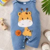 Summer Sleeveless 3D Giraffe Jumpsuit for Boys and Girls, Cute Blue Basketball Patch, Soft and Comfortable Crawling Suit