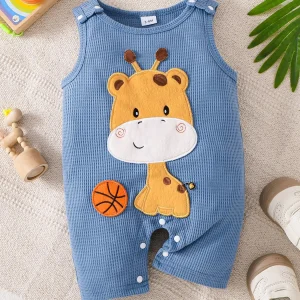 Summer Sleeveless 3D Giraffe Jumpsuit for Boys and Girls, Cute Blue Basketball Patch, Soft and Comfortable Crawling Suit