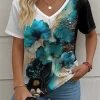 Summer Vintage Flowers T Shirt Women Tie Dye 3D Print Loose Short Sleeve Tops Plus Size Fashion Casual V-Neck Ladies Tee Shirts