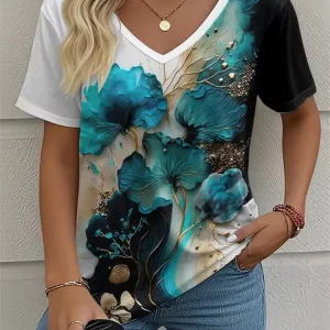 Summer Vintage Flowers T Shirt Women Tie Dye 3D Print Loose Short Sleeve Tops Plus Size Fashion Casual V-Neck Ladies Tee Shirts