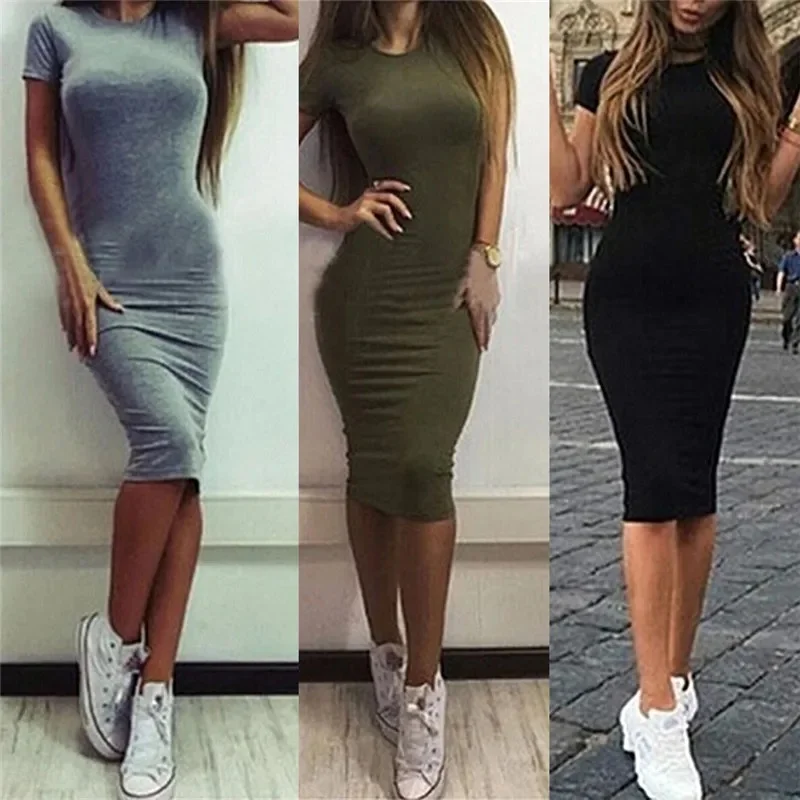 Summer Women Dresses Knee-Length Shinny Casual Short Sleeve Bandage Bodycon Sheath Dress Vestidos QT031 - Image 2
