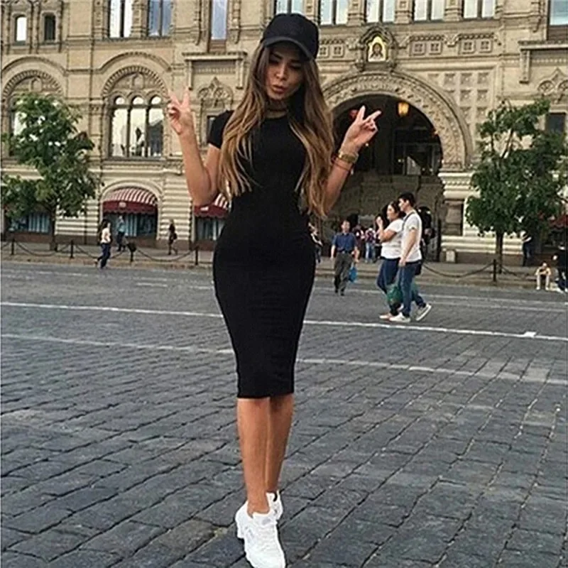 Summer Women Dresses Knee-Length Shinny Casual Short Sleeve Bandage Bodycon Sheath Dress Vestidos QT031 - Image 3