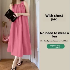 Summer Women s Midi Spaghetti Strap Night Dress With Chest Pad Cloud Cotton Sleeveless Nightgown Casual Outer Wear Sleepwear
