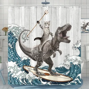 Surfing Dinosaur Ocean Shower Curtain, Fun Cat Shower Curtain, Wave Bathroom Shower Curtain Set, Bathroom