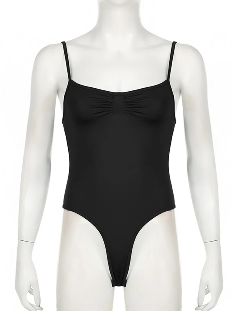 Sweetown Sleeveless Skinny Shirring Skinny Sexy Spaghetti Strap Bodysuit For Women Black Solid Simple Basic Vacation Camisole - Image 6