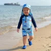 Toddler Baby Boys Rash Guard Swimsuit Romper Marine Print Long Sleeve Mock Neck Zipper Swimwear with Hat 2Pcs Set