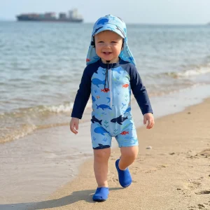 Toddler Baby Boys Rash Guard Swimsuit Romper Marine Print Long Sleeve Mock Neck Zipper Swimwear with Hat 2Pcs Set