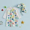 Toddler Baby Boys Rash Guard Swimsuits Fashionable Marine Life Printed Long Sleeve Jumpsuit with Hat 2Pcs Swimwear