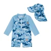 Toddler Boy Rash Guard Swimsuit with Hat 2 Pcs Set Cartoon Whale Pattern Zip Up Long Sleeve Crew Neck Swimwears 3m-3t