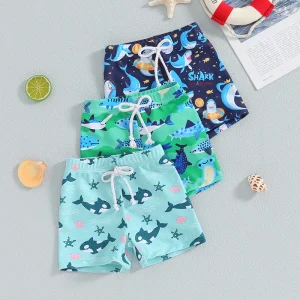 Tregren Toddler Boys Swim Trunks Cartoon Shark Print Elastic Waist Swim Shorts Bathing Suit Swimsuit Infant Swimming Bottoms