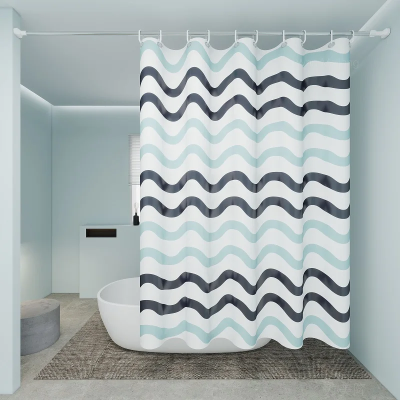 Two-Color Wavy Pattern Shower Curtain, a Simple Yet Design-Savvy Dry-Wet Separation Partition Shower Curtain