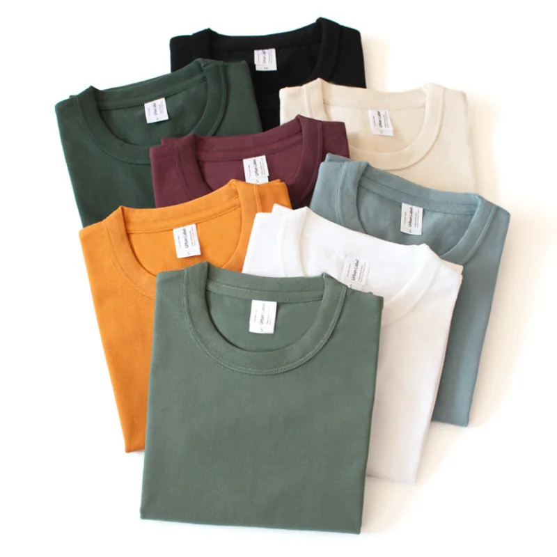 Urban Label Pure Cotton Tube Woven 265g T-shirt Men Heavy Retro Thickened Collar Non Deformable Short Sleeved T-shirt for Women - Image 2