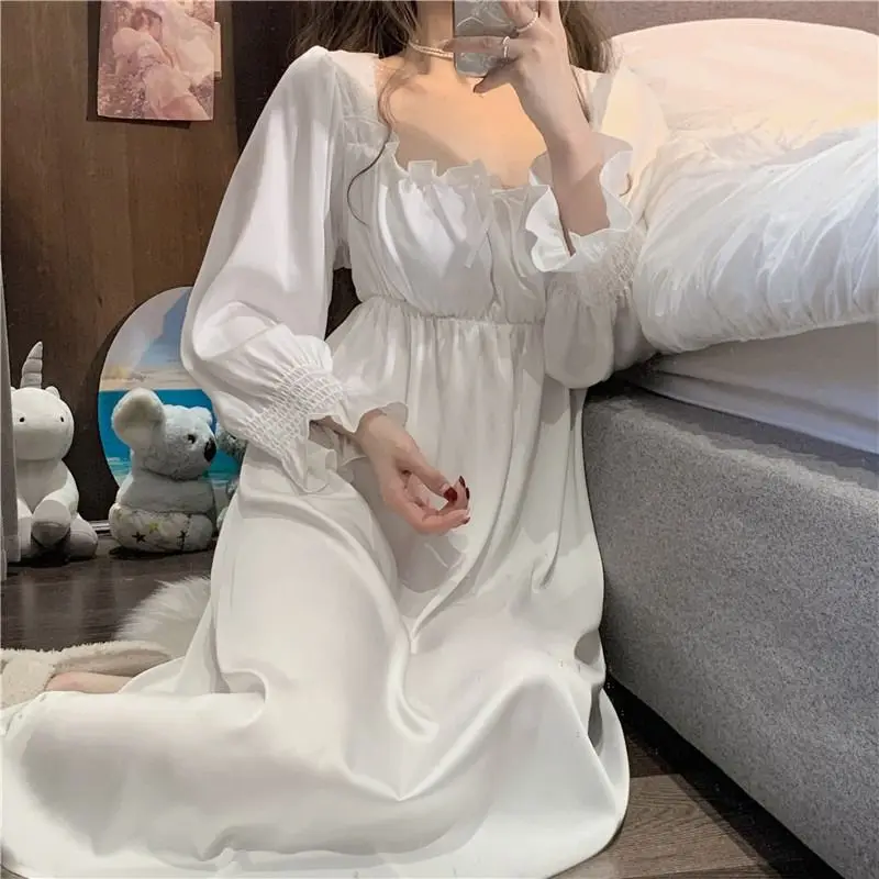 Vintage French Style Nightgowns Women Square Collar Loose Smooth Autumn Ruffles Designed Princess Simple Sleepwear Cozy Ins Chic - Image 2