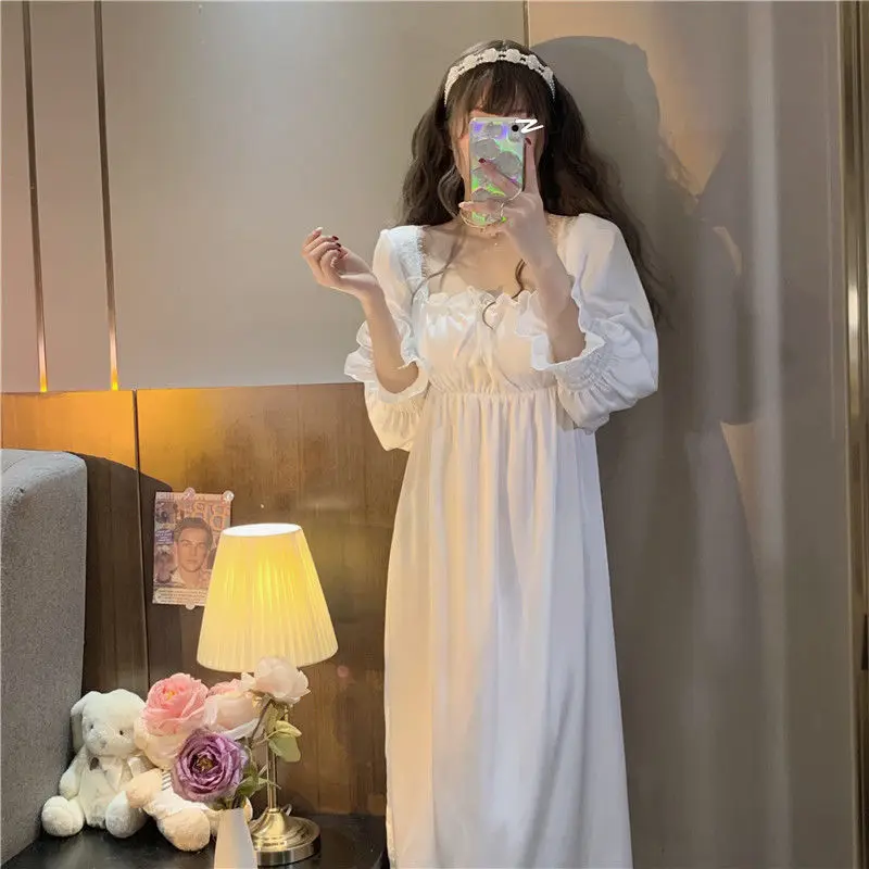 Vintage French Style Nightgowns Women Square Collar Loose Smooth Autumn Ruffles Designed Princess Simple Sleepwear Cozy Ins Chic - Image 6