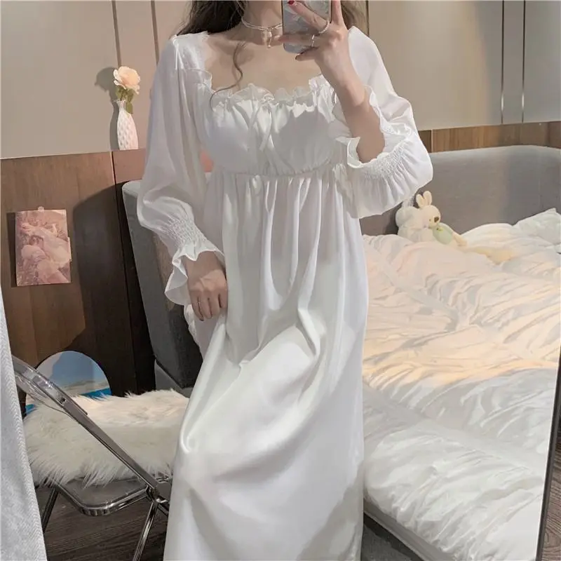 Vintage French Style Nightgowns Women Square Collar Loose Smooth Autumn Ruffles Designed Princess Simple Sleepwear Cozy Ins Chic - Image 3