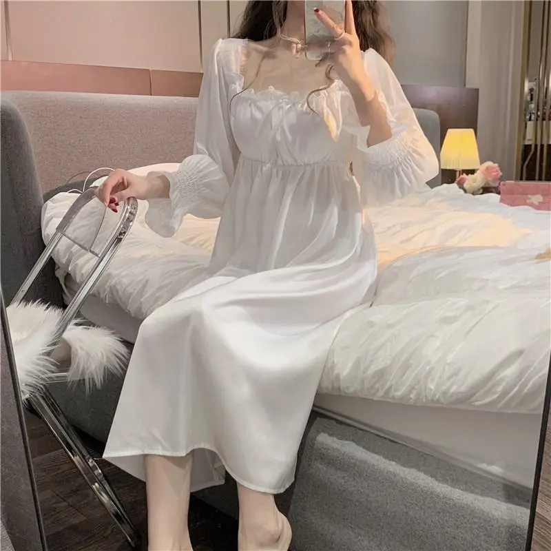 Vintage French Style Nightgowns Women Square Collar Loose Smooth Autumn Ruffles Designed Princess Simple Sleepwear Cozy Ins Chic - Image 4