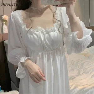 Vintage French Style Nightgowns Women Square Collar Loose Smooth Autumn Ruffles Designed Princess Simple Sleepwear Cozy Ins Chic