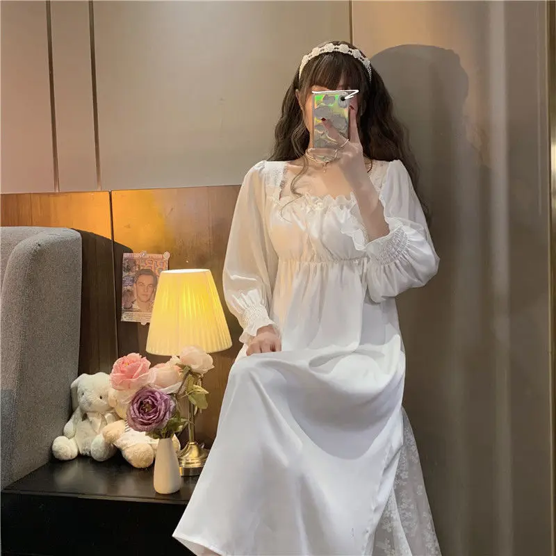 Vintage French Style Nightgowns Women Square Collar Loose Smooth Autumn Ruffles Designed Princess Simple Sleepwear Cozy Ins Chic - Image 5
