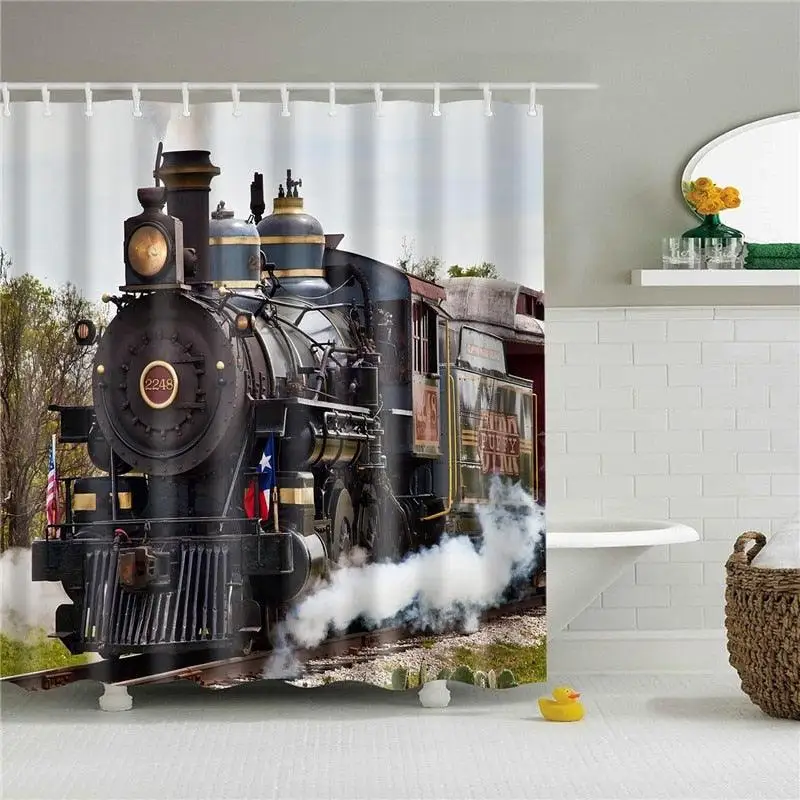 Vintage Realistic Steam Locomotive Train Texas Flag Cactus Nature Scenery Pattern Shower Curtain Waterproof Mildew Resistant Pol - Image 2