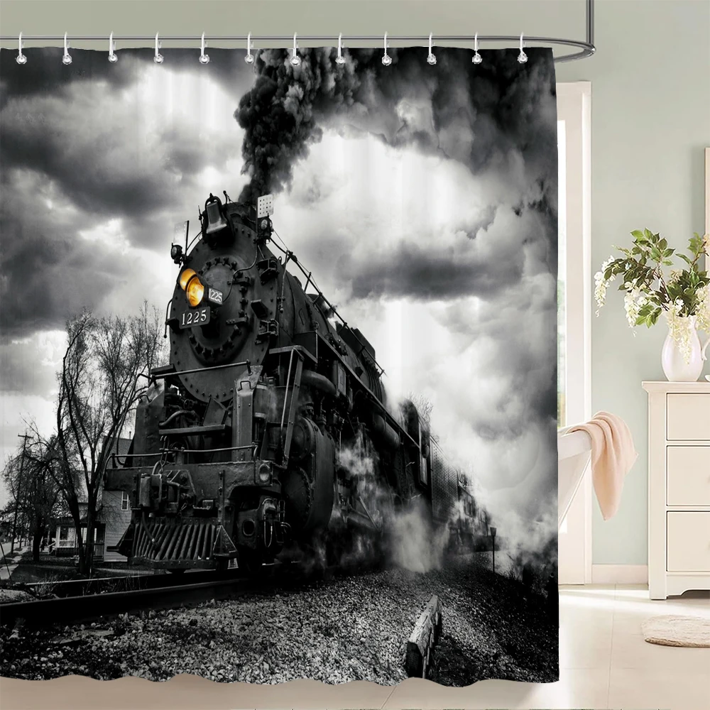 Vintage Realistic Steam Locomotive Train Texas Flag Cactus Nature Scenery Pattern Shower Curtain Waterproof Mildew Resistant Pol - Image 3