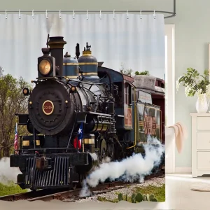 Vintage Realistic Steam Locomotive Train Texas Flag Cactus Nature Scenery Pattern Shower Curtain Waterproof Mildew Resistant Pol