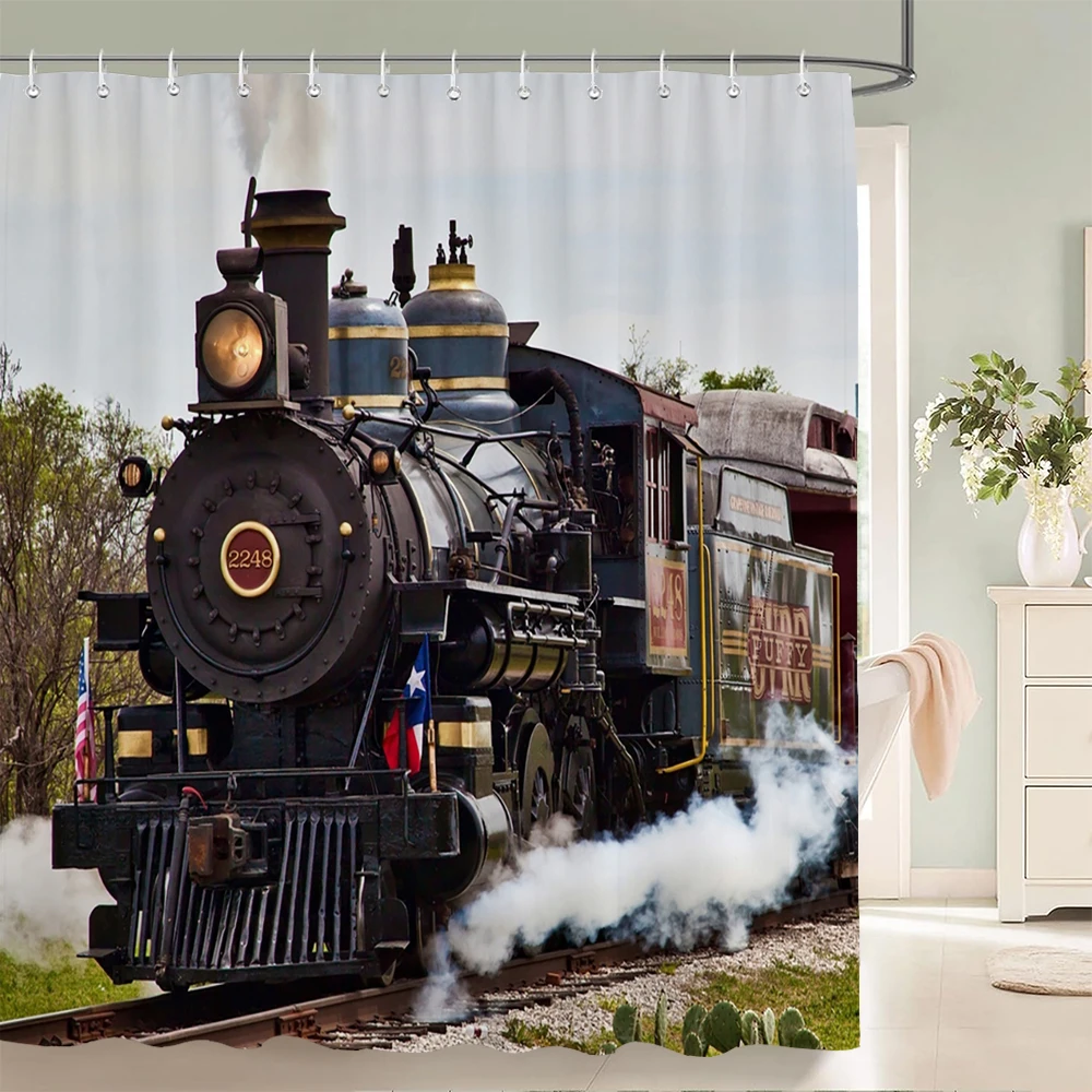 Vintage Realistic Steam Locomotive Train Texas Flag Cactus Nature Scenery Pattern Shower Curtain Waterproof Mildew Resistant Pol