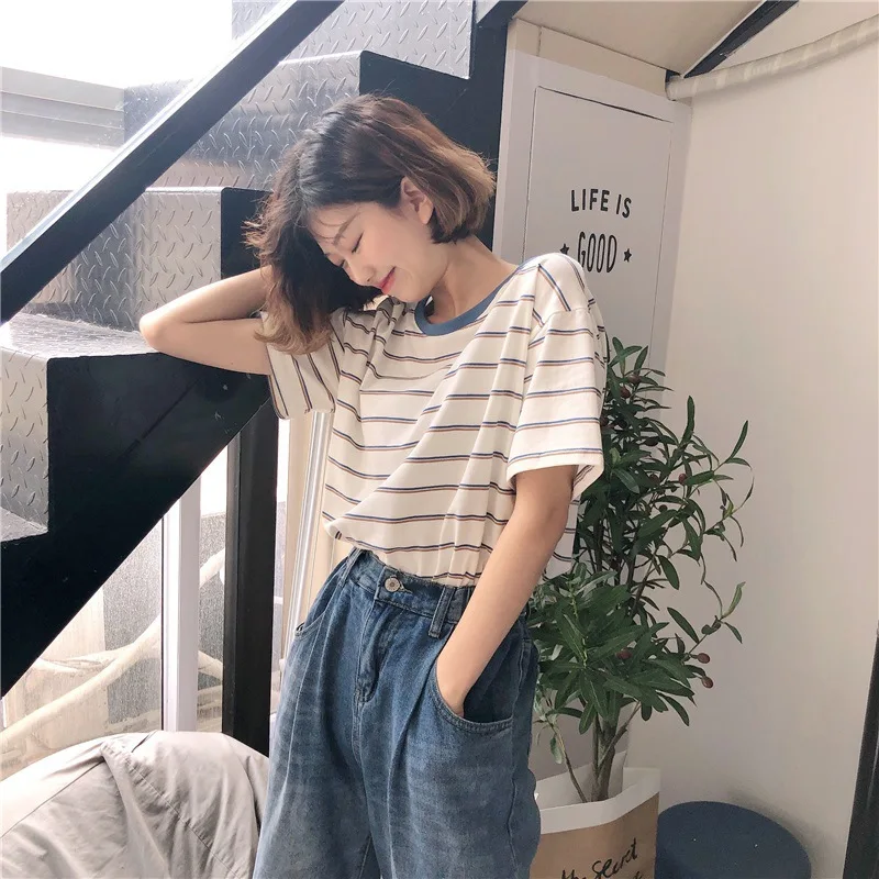 Vintage Striped Kpop T-shirts Women Y2K Korean Fashion Tops Sexy Slim Summer Kawaii Goth Tees Shirts Cheap Clothes Woman Tshirts - Image 2