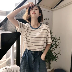 Vintage Striped Kpop T-shirts Women Y2K Korean Fashion Tops Sexy Slim Summer Kawaii Goth Tees Shirts Cheap Clothes Woman Tshirts
