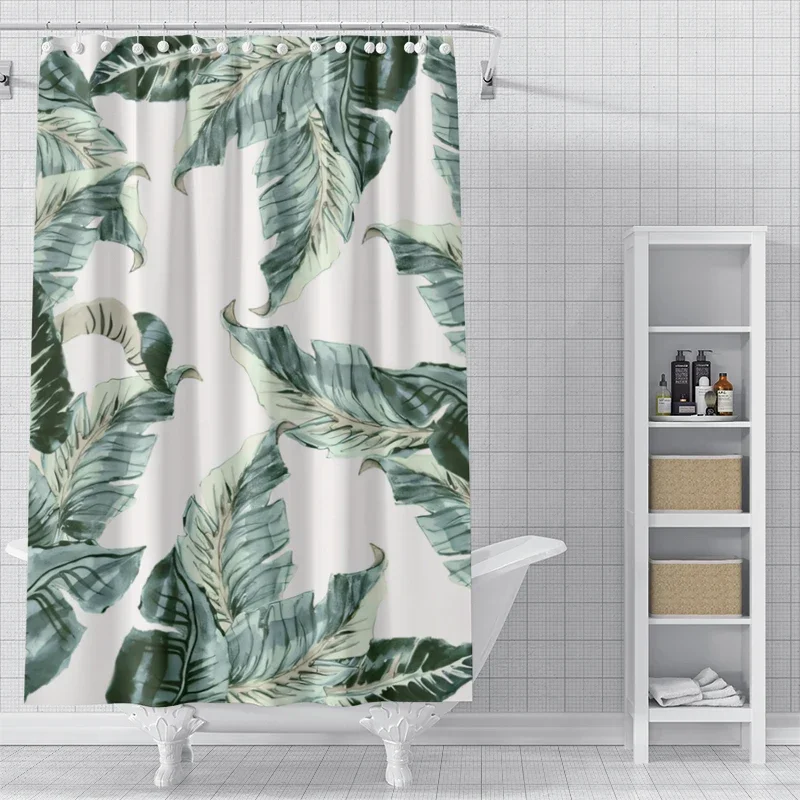 Watercolor Eucalyptus Leaf and Tropical Plant Print Shower Curtain Waterproof Polyester Bathroom Curtain with 12 Hooks Easy Inst - Image 2