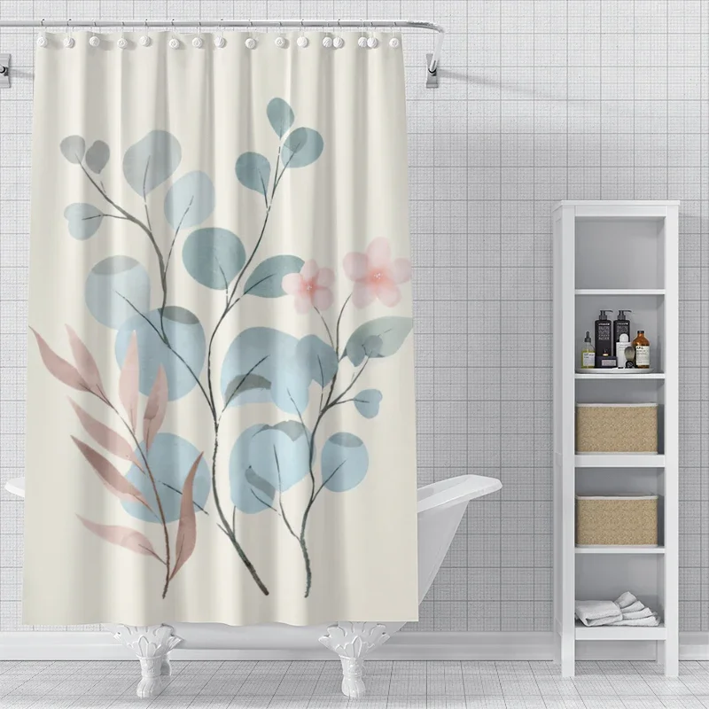 Watercolor Eucalyptus Leaf and Tropical Plant Print Shower Curtain Waterproof Polyester Bathroom Curtain with 12 Hooks Easy Inst - Image 4