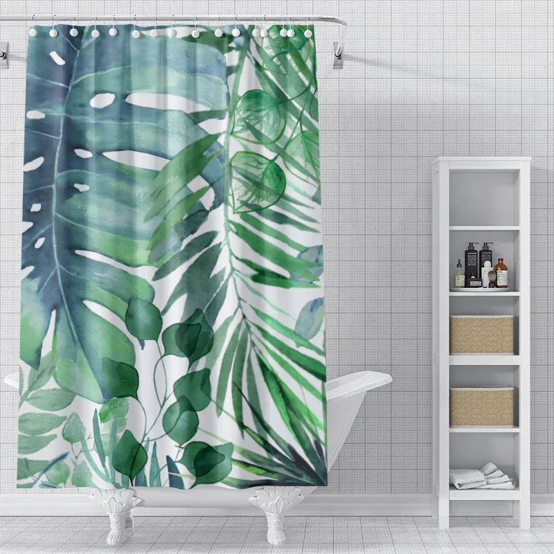Watercolor Eucalyptus Leaf and Tropical Plant Print Shower Curtain Waterproof Polyester Bathroom Curtain with 12 Hooks Easy Inst - Image 3
