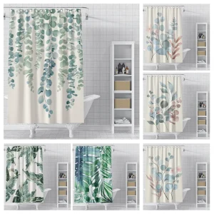 Watercolor Eucalyptus Leaf and Tropical Plant Print Shower Curtain Waterproof Polyester Bathroom Curtain with 12 Hooks Easy Inst