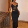 Weird Puss Mesh Patchwork Dress Women Backless Hollow Sleeveless 2025 Summer Trend Skinny Stretch Elegant Clubwear Maxi Bodycon