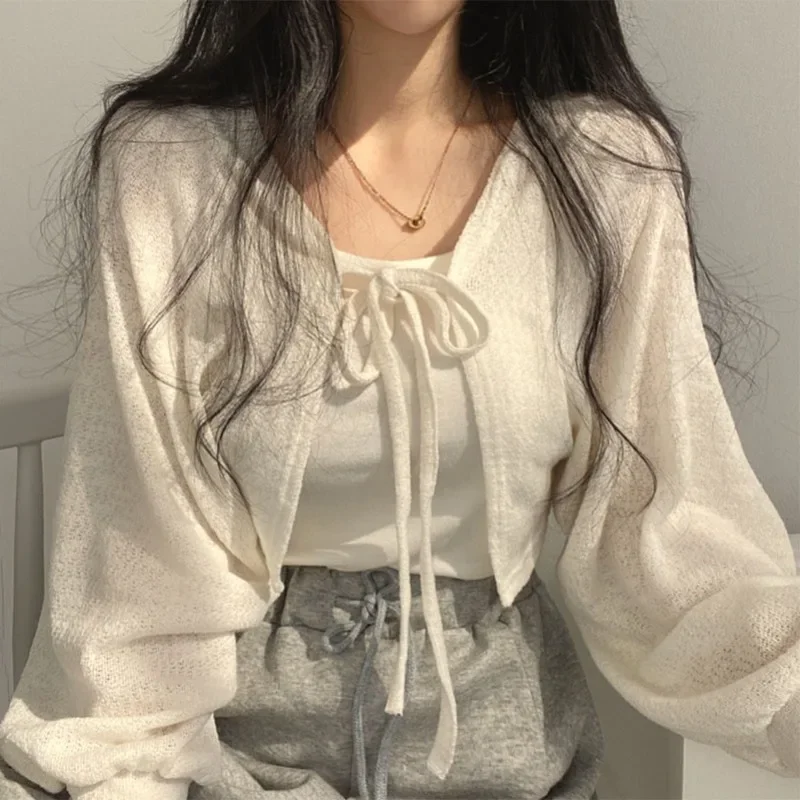 White Knitted Cardigan Women Summer Thin Sunscreen Lace-Up Knitwear Tops Female Korean Style Lantern Sleeve Short Coat - Image 2
