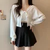 White Knitted Cardigan Women Summer Thin Sunscreen Lace-Up Knitwear Tops Female Korean Style Lantern Sleeve Short Coat