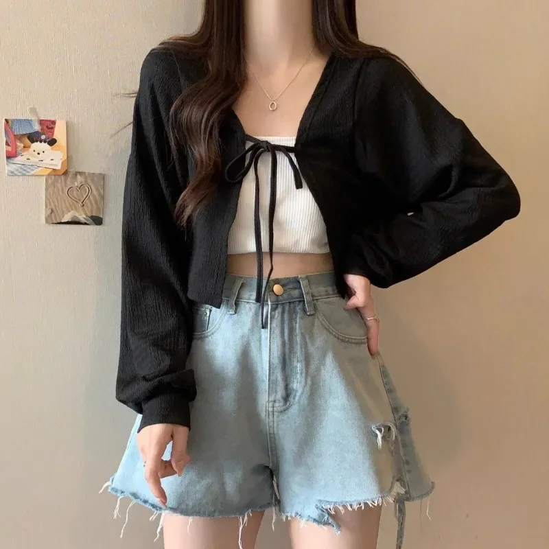 White Knitted Cardigan Women Summer Thin Sunscreen Lace-Up Knitwear Tops Female Korean Style Lantern Sleeve Short Coat - Image 5