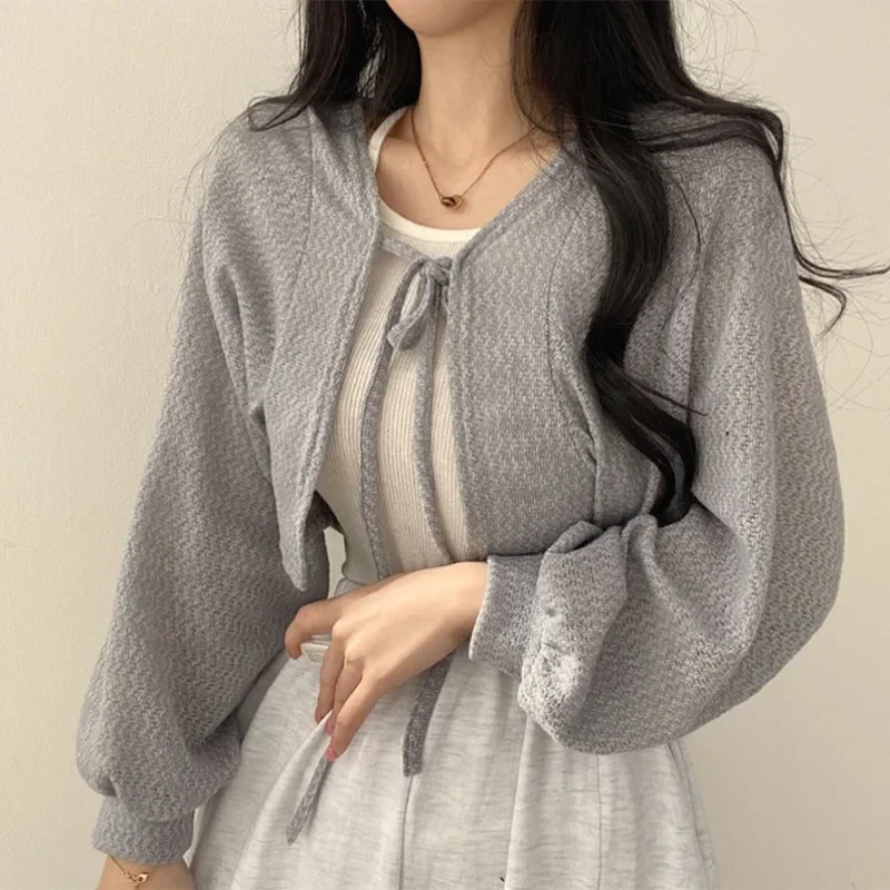 White Knitted Cardigan Women Summer Thin Sunscreen Lace-Up Knitwear Tops Female Korean Style Lantern Sleeve Short Coat - Image 3