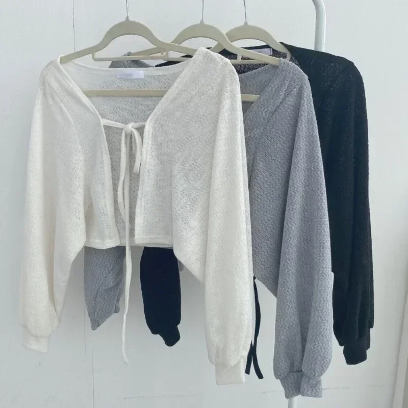 White Knitted Cardigan Women Summer Thin Sunscreen Lace-Up Knitwear Tops Female Korean Style Lantern Sleeve Short Coat - Image 6